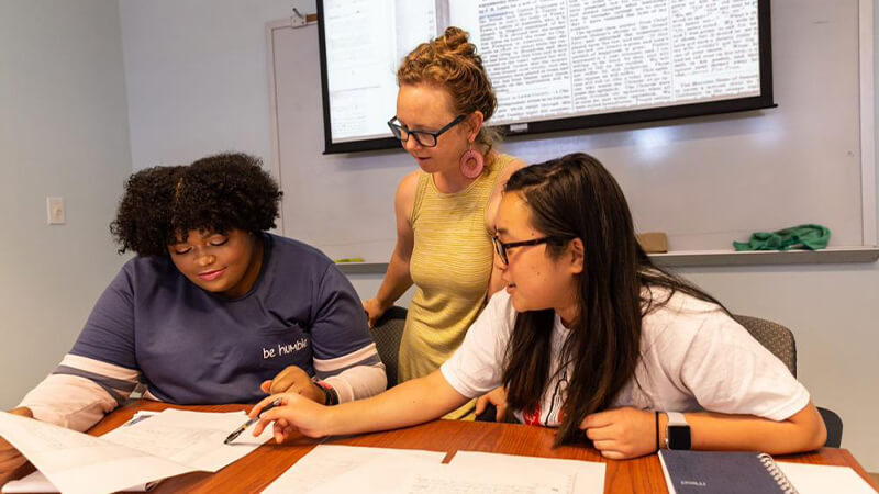 Students, at a desk, examine research literature and discuss with professor, standing.